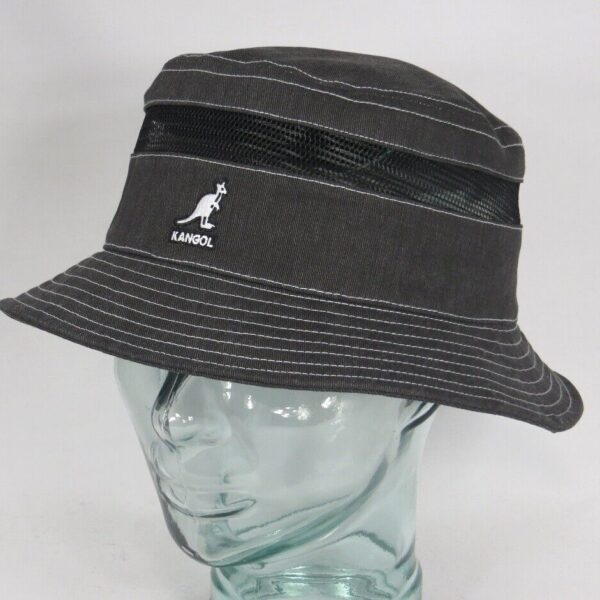 KANGOL Distressed cotton Mesh Bucket Hat Fischerhut Stoff Hut Sommer schwarz NEU