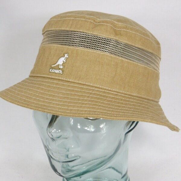 KANGOL Distressed cotton Mesh Bucket Hat Fischerhut Stoff Hut Sommer beige NEU