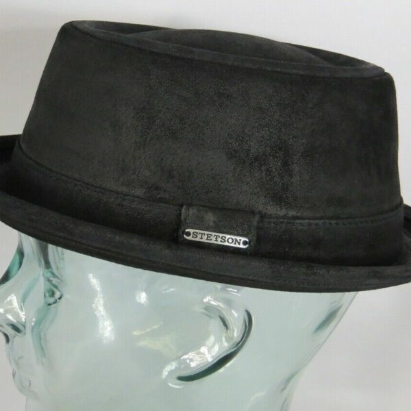 STETSON Pork Pie Hat pigskin Leder Hut schwarz Trilby Leather NEU